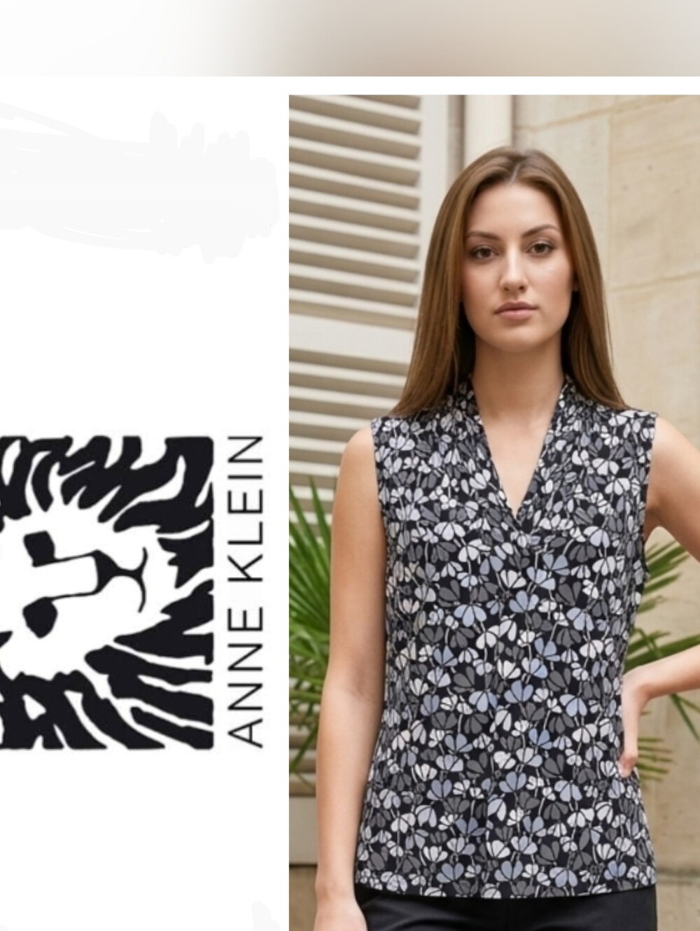 Anne Klein Black and Gray Sleeveless V-Neck Blouse